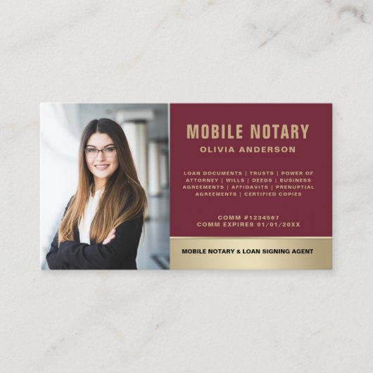 Burgundy Gold Mobile Notary Signing Agent Foto Visitenkarte (Vorderseite)
