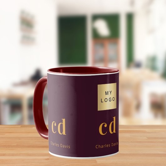 Burgundy gold monogram name business logo tasse