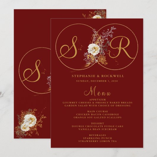 Burgundy Gold Monogram Name Initial Wedding Menu Menükarte (Vorne/Hinten)