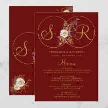 Burgundy Gold Monogram Name Initial Wedding Menu