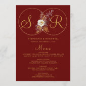 Burgundy Gold Monogram Name Initial Wedding Menu Menükarte (Vorderseite)