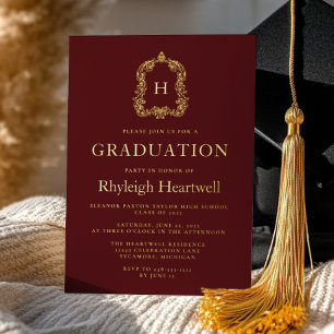 Burgundy Gold Monogram Wappen Graduation Party Folieneinladung