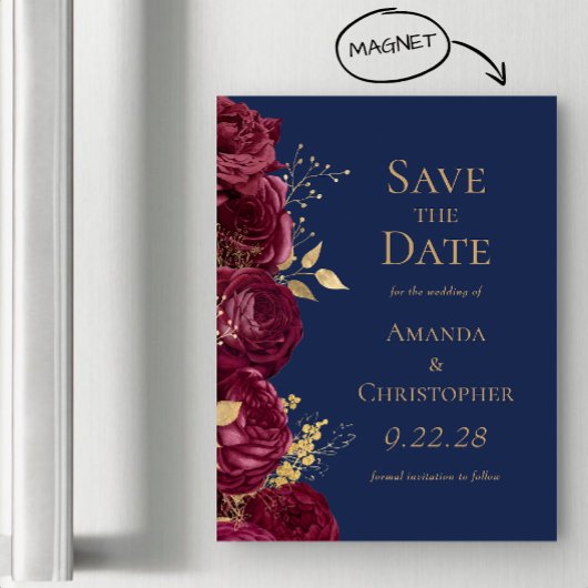 Burgundy Gold Navy Bloral Wedding Save the Date Magneteinladung