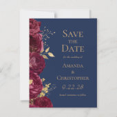 Burgundy Gold Navy Bloral Wedding Save the Date Magneteinladung (Vorderseite)