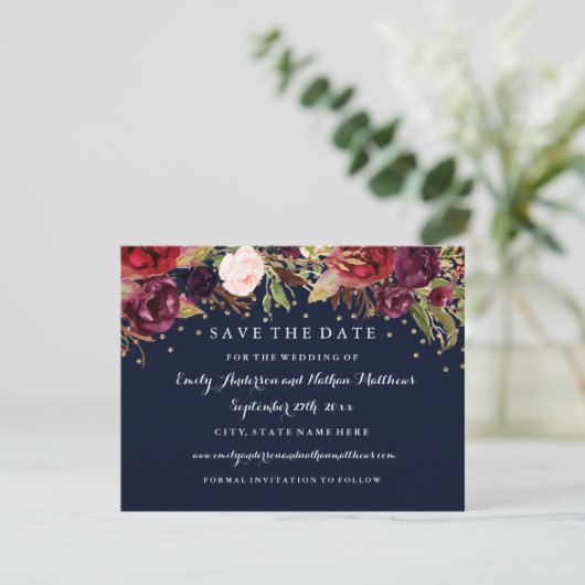 Burgundy Gold Navy Blumenhochzeit rettet das Datum Save The Date (Stehend Vorderseite)