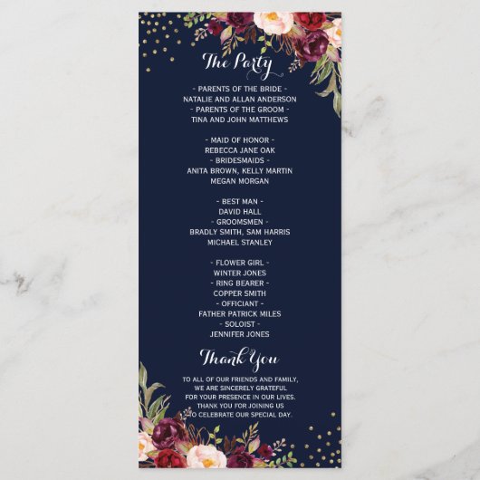 Burgundy Gold Navy Confetti Floral Wedding Program Programm (Rückseite)