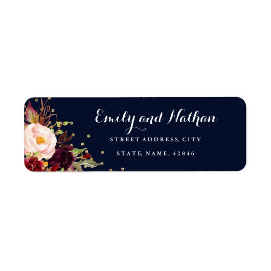 Burgundy Gold Navy Floral Return Address Label (Vorne)