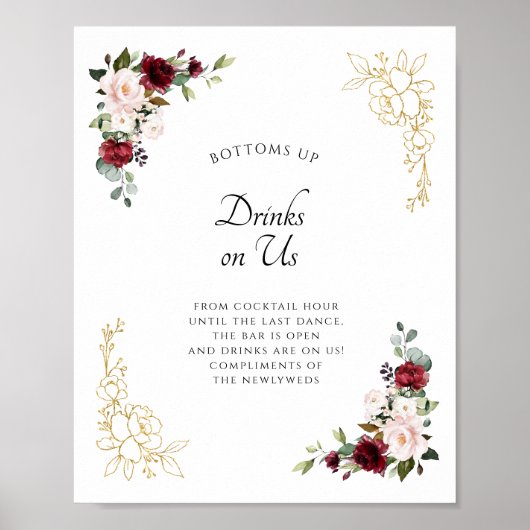 Burgundy Gold Open Bar Drinks auf unserem Hochzeit Poster (Vorne)