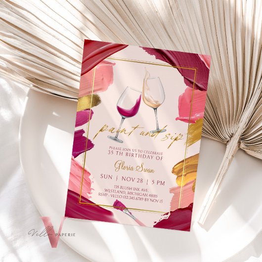 Burgundy Gold Paint und Sip Birthday Einladung