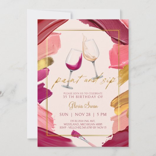 Burgundy Gold Paint und Sip Birthday Einladung (Vorderseite)