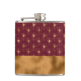 Burgundy Gold Peacock Feathers Chic Elegante Flachmann