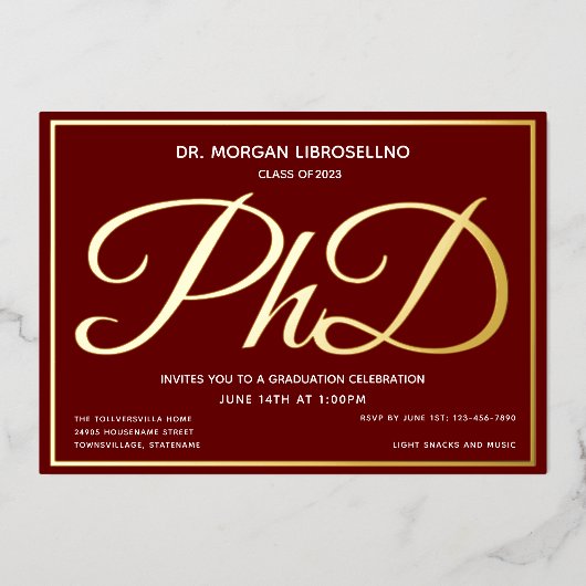 Burgundy Gold PhD Abschluss Foil Folieneinladung (Vorderseite)