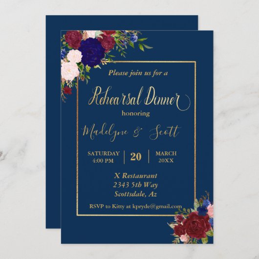 Burgundy Gold Probe Dinner Hochzeit Einladung (Vorne/Hinten)