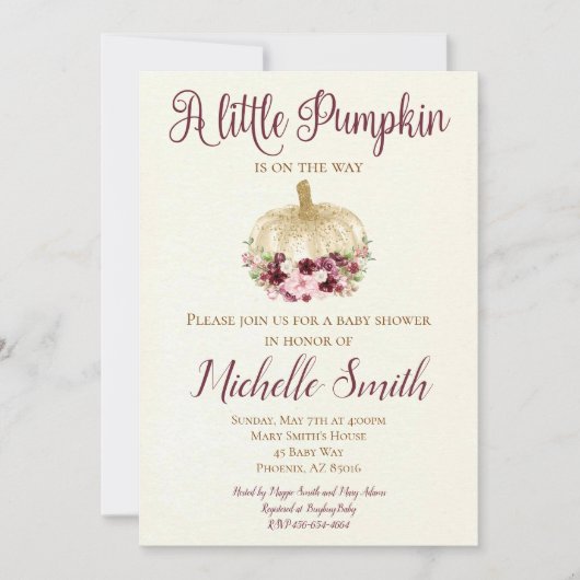 Burgundy Gold Pumpkin Boho Kinderdusche Einladung (Vorderseite)