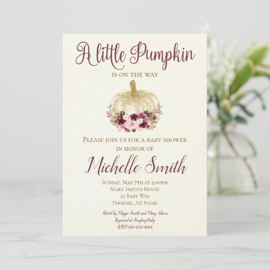 Burgundy Gold Pumpkin Boho Kinderdusche Einladung (Stehend Vorderseite)
