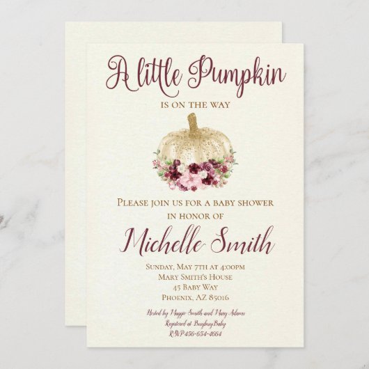 Burgundy Gold Pumpkin Boho Kinderdusche Einladung (Vorne/Hinten)