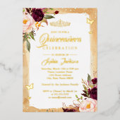 Burgundy Gold Quinceanera Floral Sparkle Tiara Folieneinladung (Vorderseite)