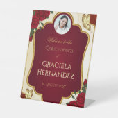 Burgundy & Gold Quinceañera Photo Elegant Sockelschild (Vorderseite)