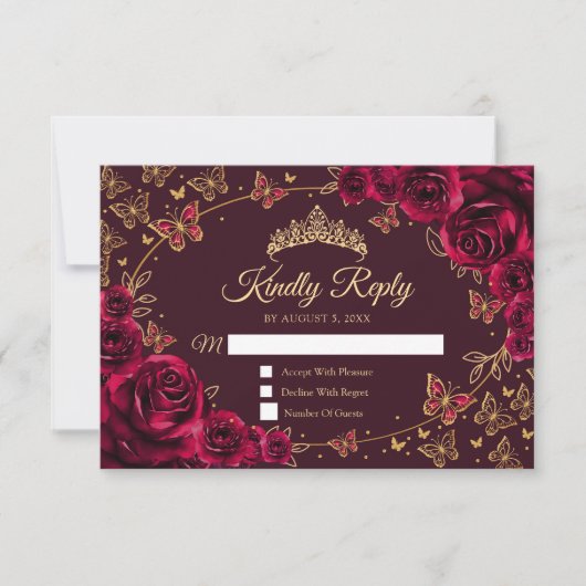 Burgundy Gold Quinceanera Reply RSVP Karte (Vorderseite)