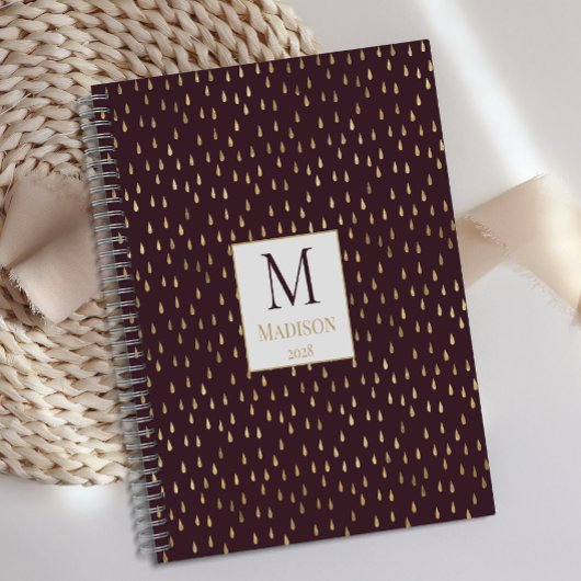 Burgundy Gold Raindrop Modern Trendy Monogram Planer