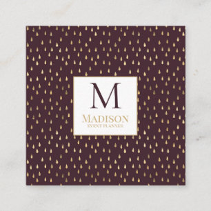 Burgundy Gold Raindrop Modern Trendy Monogram Quadratische Visitenkarte