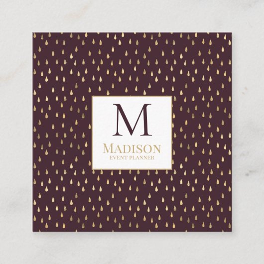 Burgundy Gold Raindrop Modern Trendy Monogram Quadratische Visitenkarte (Vorderseite)