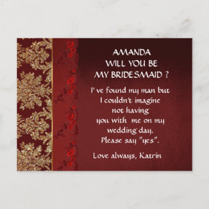 Burgundy Gold Red Lace werden Sie meine Bridesmaid Einladungspostkarte