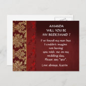 Burgundy Gold Red Lace werden Sie meine Bridesmaid Einladungspostkarte (Vorne/Hinten)