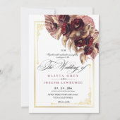 Burgundy Gold Rose Floral Boho Rustikale Hochzeit Einladung (Vorderseite)