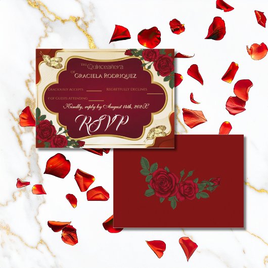 Burgundy & Gold Rose Quinceañera RSVP Card Begleitkarte