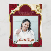 Burgundy & Gold Rose Quinceañera Save the Date Postkarte (Vorderseite)