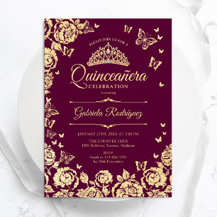 Burgundy Gold Rose Schmetterlinge Quinceanera Einladung