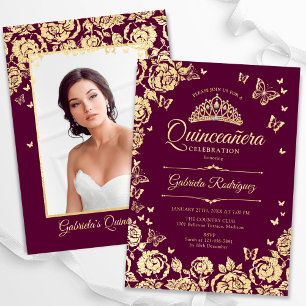 Burgundy Gold Rose Schmetterlinge Quinceanera Foto Einladung