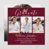 Burgundy Gold Script 4 Foto Graduation Party Einladung (Vorne/Hinten)