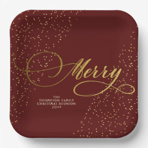 Burgundy Gold Script Merry Bright Familie Weihnach Pappteller