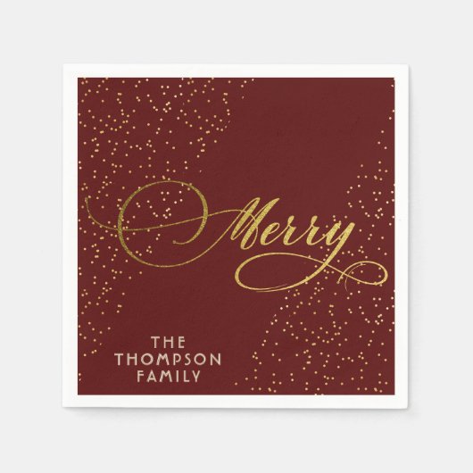 Burgundy Gold Script Merry Bright Familie Weihnach Serviette (Vorderseite)