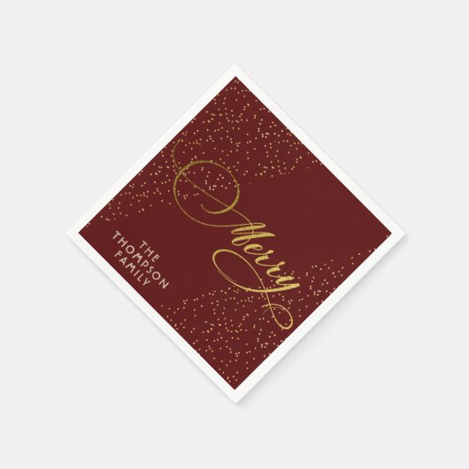 Burgundy Gold Script Merry Bright Familie Weihnach Serviette (Ecke)