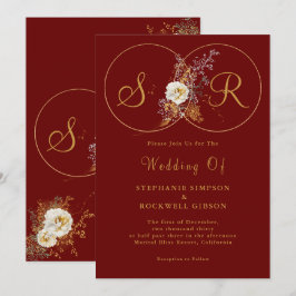 Burgundy Gold Script Monogram Wedding Einladung