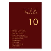 Burgundy Gold Script Seating Chart Names Wedding Tischnummer (Rückseite)