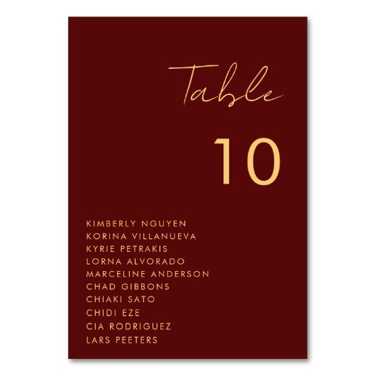 Burgundy Gold Script Seating Chart Names Wedding Tischnummer (Rückseite)