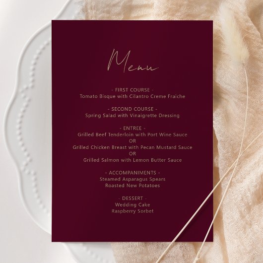 Burgundy Gold Script Wedding Menükarte