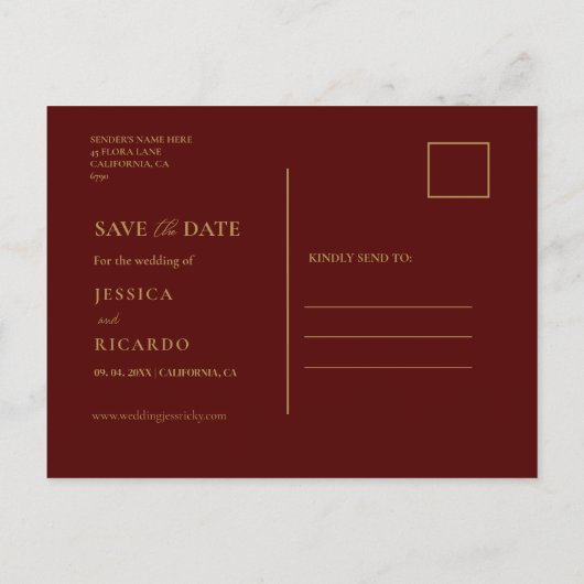 Burgundy & Gold Script Wedding Save the Date Foto Postkarte (Rückseite)