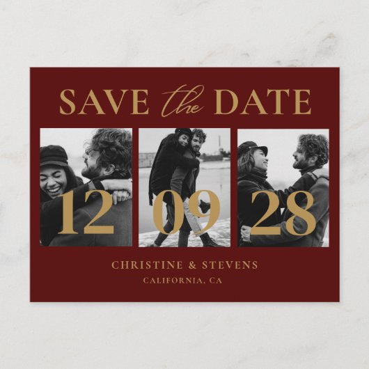 Burgundy & Gold Script Wedding Save the Date Foto Postkarte (Vorderseite)