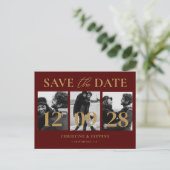 Burgundy & Gold Script Wedding Save the Date Foto Postkarte (Stehend Vorderseite)