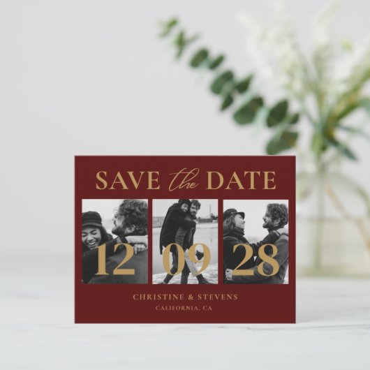 Burgundy & Gold Script Wedding Save the Date Foto Postkarte (Stehend Vorderseite)