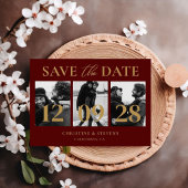 Burgundy & Gold Script Wedding Save the Date Foto Postkarte