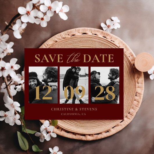 Burgundy & Gold Script Wedding Save the Date Foto Postkarte