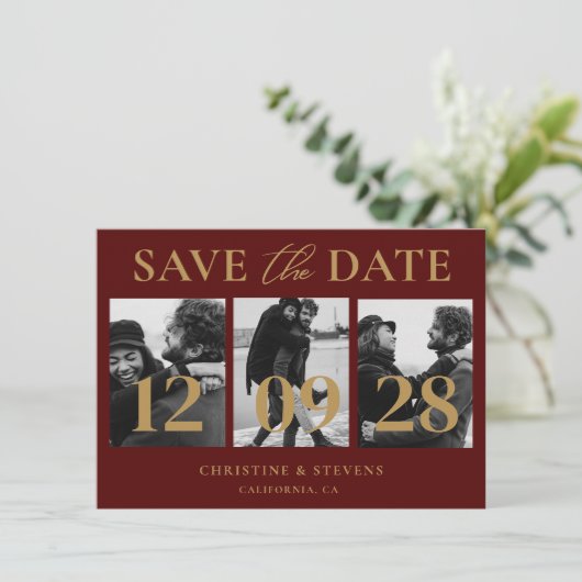 Burgundy & Gold Script Wedding speichern das Datum Einladung (Stehend Vorderseite)