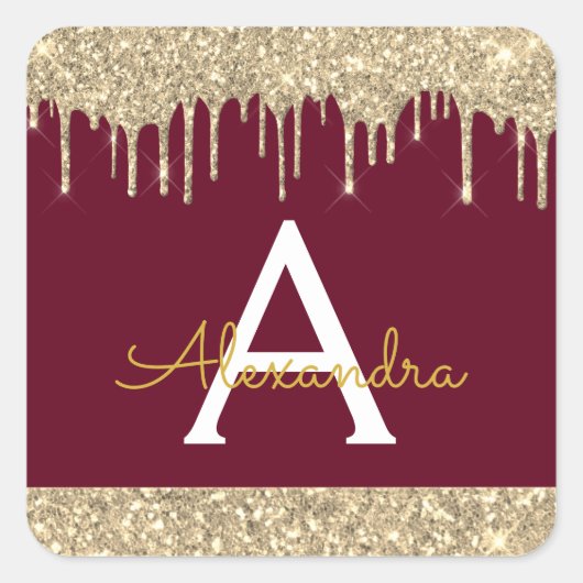 Burgundy Gold Sparkle Glitzer Monogram Quadratischer Aufkleber (Vorderseite)