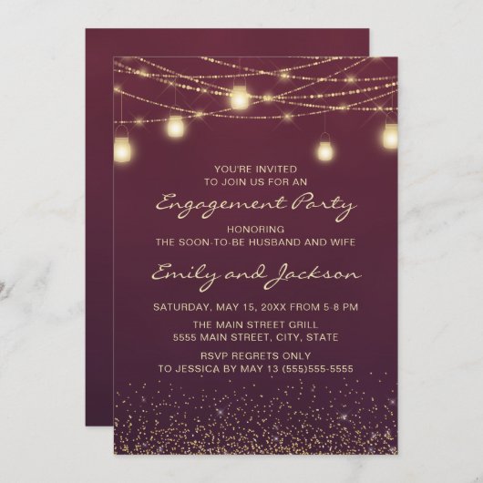 Burgundy Gold String Lights Engagement Party Einladung (Vorne/Hinten)